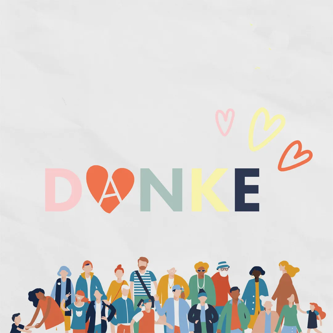 Ein bunter Schriftzug "DANKE", das "A" ist von einem Herz umgeben.