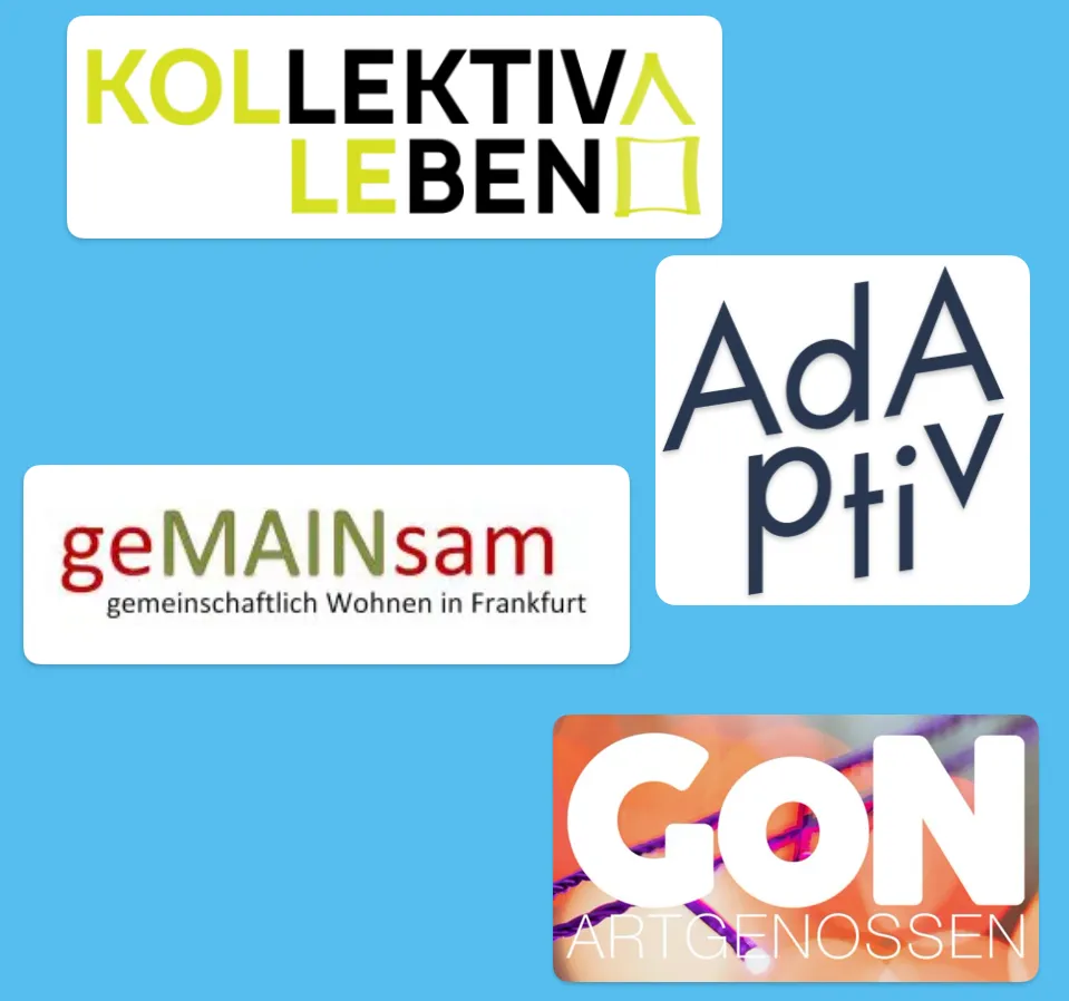 Logos der Wohnprojekte "Kolle", "AdAptiv", "gemMAINsam" und "GoN Artgenossen"