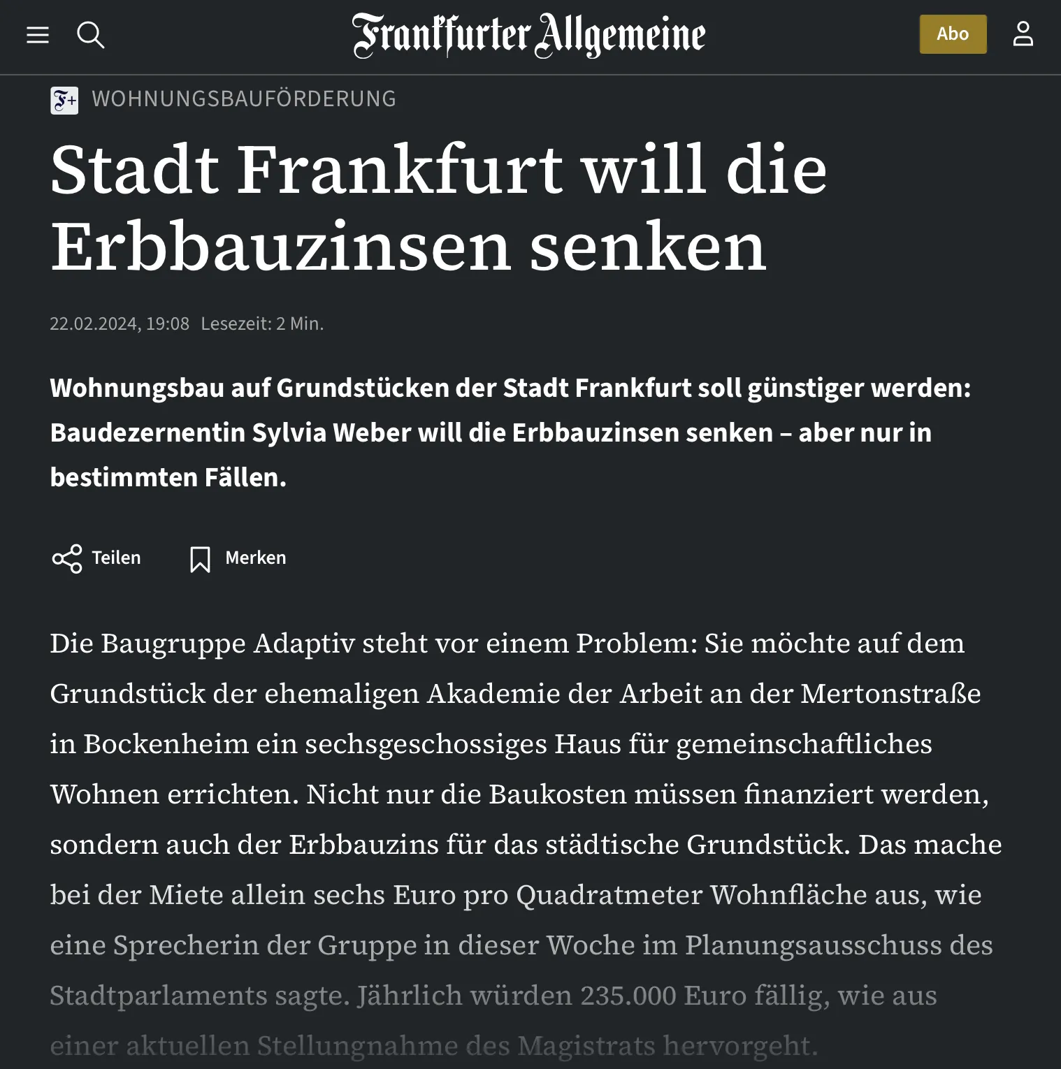 Screenshot von einem Artikel in der "FAZ" mit dem Titel "Stadt Frankfurt will die Erbbauzinsen senken"