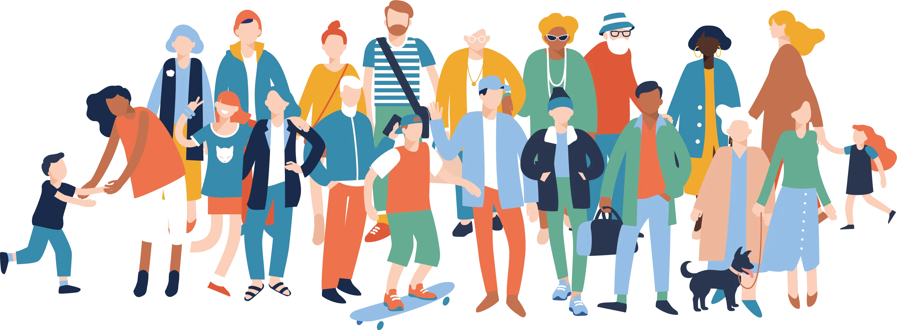 Illustration, die eine vielfältige Gruppe von Menschen zeigt, darunter Kinder, jüngere und ältere Erwachsene.